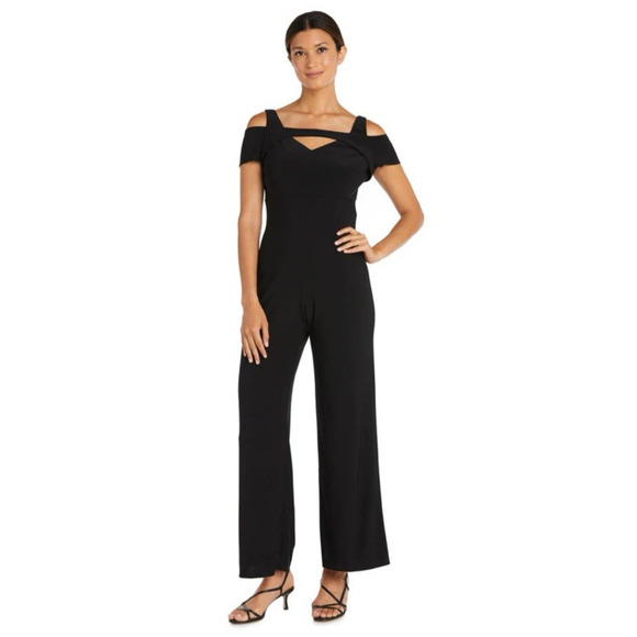VTG NightWay Black Formal Off Shoulder Jumpsuit Cut Out Sz 8P‎ Jersey Knit - Picture 1 of 13